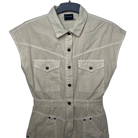 Miou Muse Utility Style Beige Cotton Romper With Button Front Pockets Medium - Picture 10 of 14